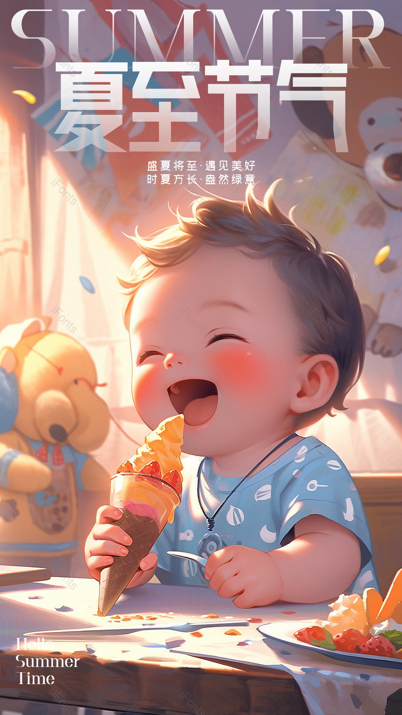 男孩冰激凌卡通可爱插画夏至节气海报,设计模板,设计模板大全,设计模板下载